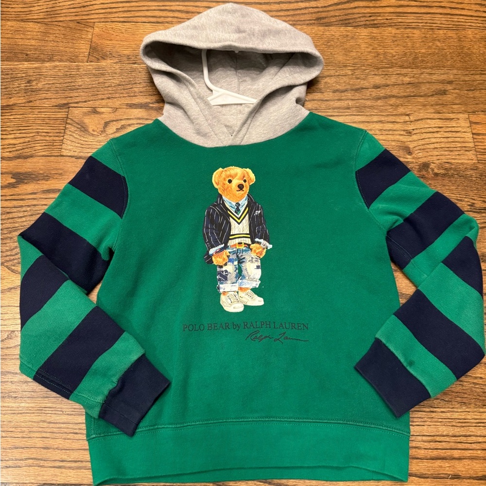 Polo Bear by Ralph Lauren Green Striped-Sleeve Hoodie — Kids Size 7
